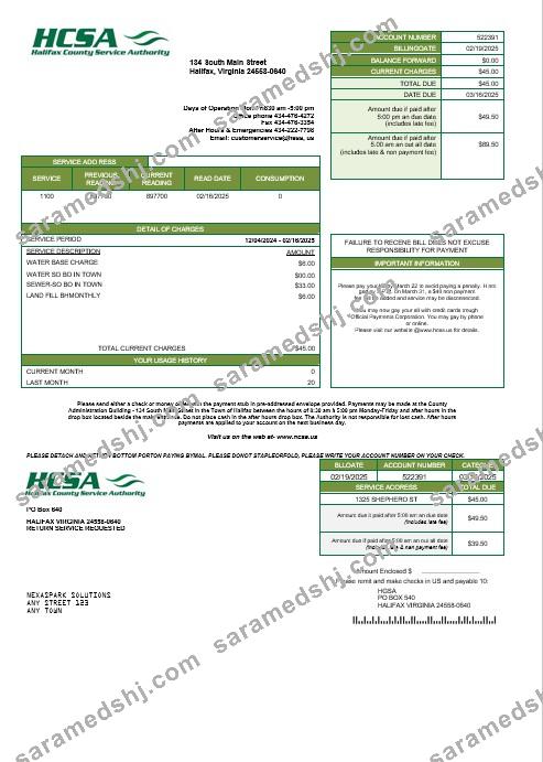 USA Virginia HCSA business utility bill template in Word and PDF formats